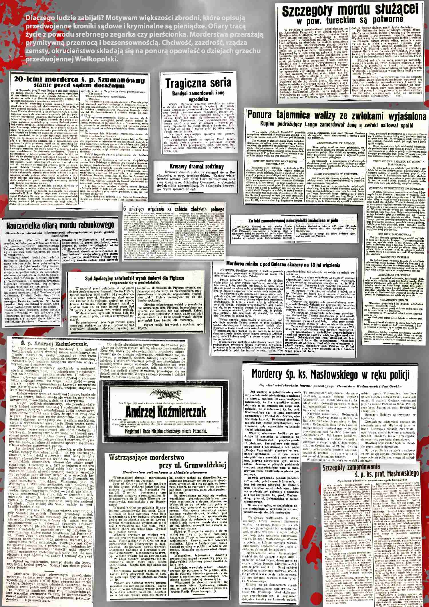 plansza z wycikami prasowymi o zabjstwach w Wielkopolsce
