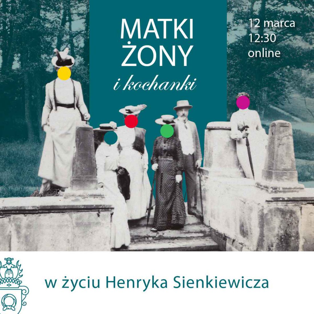 Henryk Sienkiewicz stoi w otoczeniu kobiet z kolorowymi kropkami zamiast twarzy