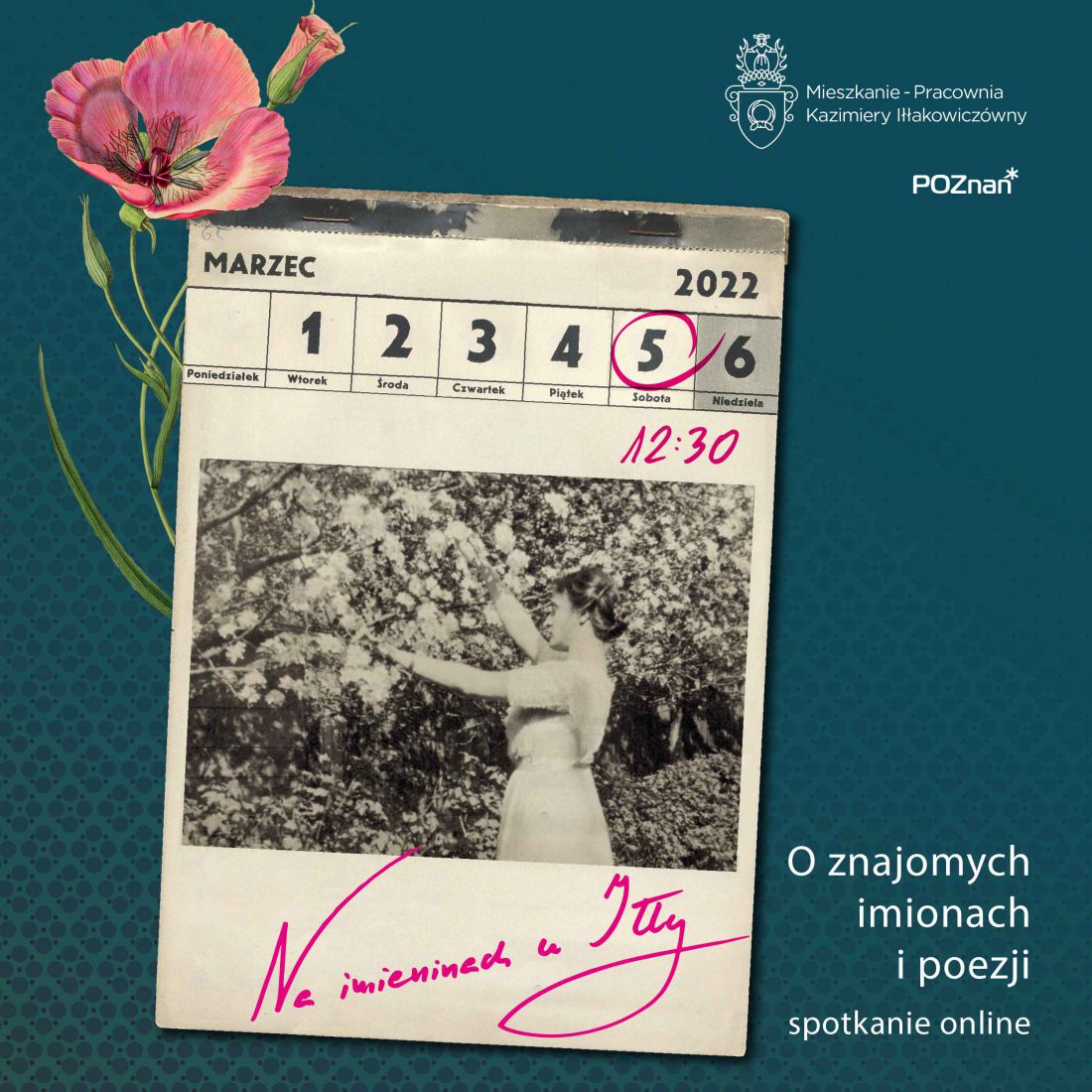 fotografia młodej Iłłakowiczówny zbierajacej kwiaty, datata spotkania i logotypy