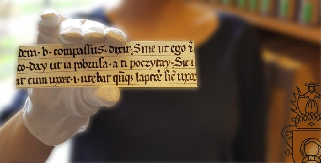 fragment przepisanego ręcznie tekstu w rece w białej rękawiczce