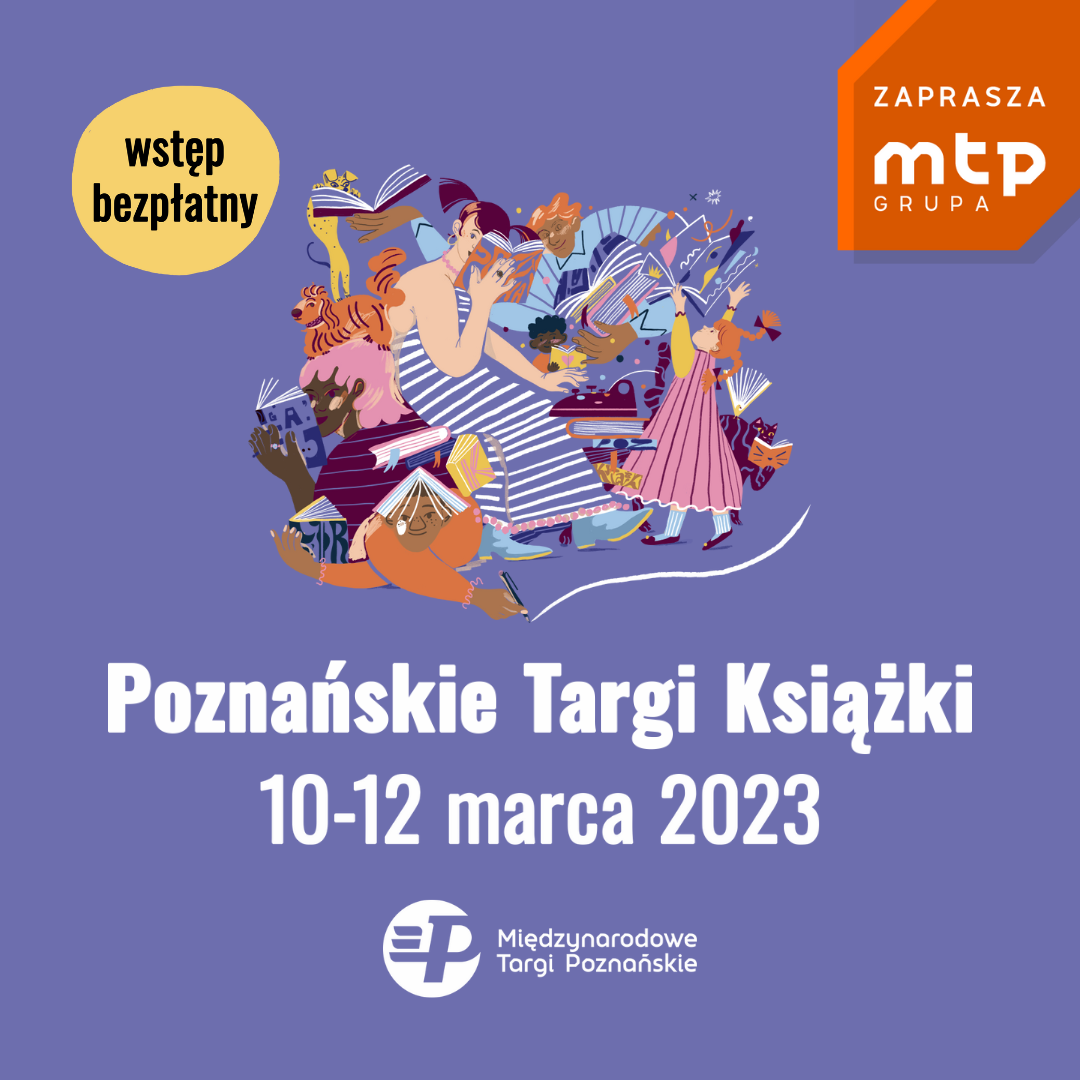 grafika promocyjna Poznańskich Targów Książki: na fioletowym tle widać narysowane postacie, które czytają książki