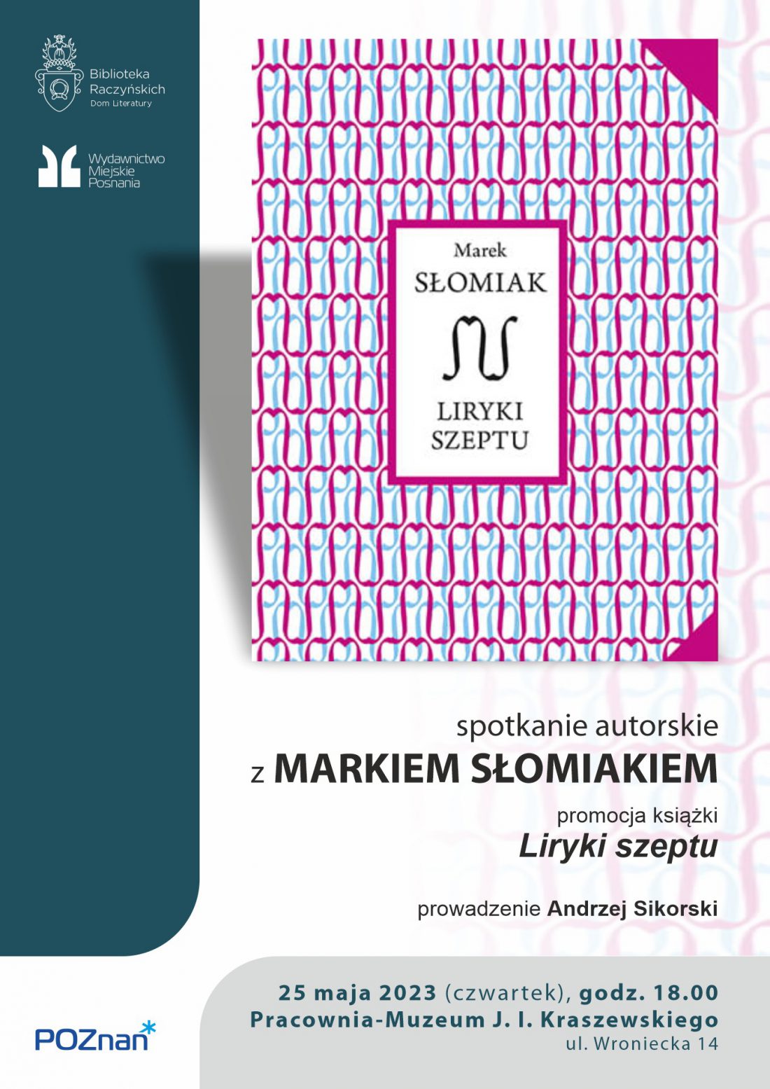 Okładka książki przedstawia symetryczny, gęsty wzór złożony z różowych i niebieskich inicjałów autora.